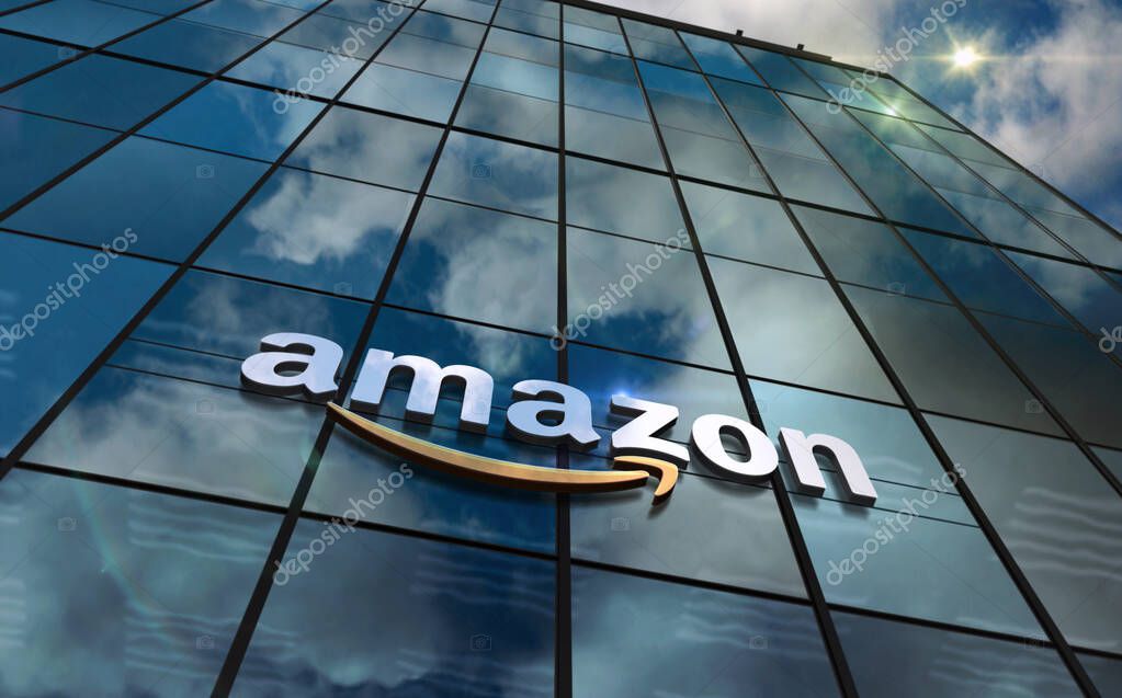 Seattle, USA, April 5, 2023: Amazon corporation headquarters glass building concept. International retail and shipping company symbol on front facade 3d illustration.