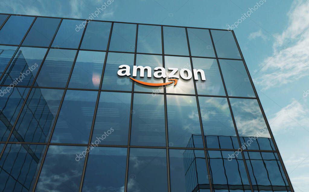Seattle, USA, April 5, 2023: Amazon corporation headquarters glass building concept. International retail and shipping company symbol on front facade 3d illustration.