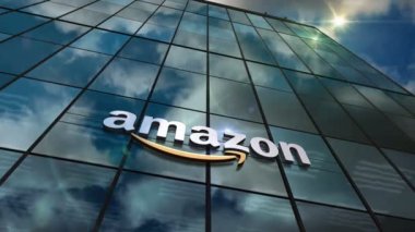 Seattle, ABD, 5 Nisan 2023: Amazon Şirketi 'nin ana binası zaman atlaması kavramı. Ön cephede uluslararası perakende ve nakliye şirketi sembolü 3D pürüzsüz ve çevrilebilir.
