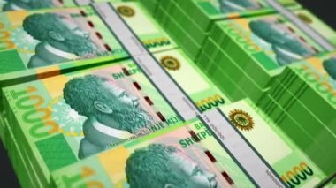 Arnavutluk 'tan Arnavut Lek para paketi 3D animasyon döngüsü. Döngüsüz finans, nakit, ekonomi, iş ve banka kavramı. Kamera 1000 'in üzerinde hareket ediyor Tüm banknot desteleri.