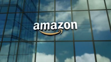 Seattle, ABD, 5 Nisan 2023: Amazon Şirketi 'nin ana binası zaman atlaması kavramı. Ön cephede uluslararası perakende ve nakliye şirketi sembolü 3D pürüzsüz ve çevrilebilir.