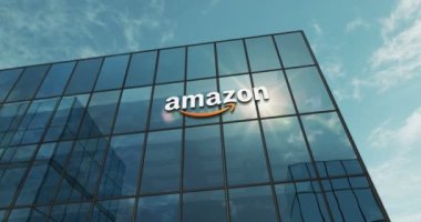Seattle, ABD, 5 Nisan 2023: Amazon Şirketi 'nin ana binası zaman atlaması kavramı. Ön cephede uluslararası perakende ve nakliye şirketi sembolü 3D pürüzsüz ve çevrilebilir.
