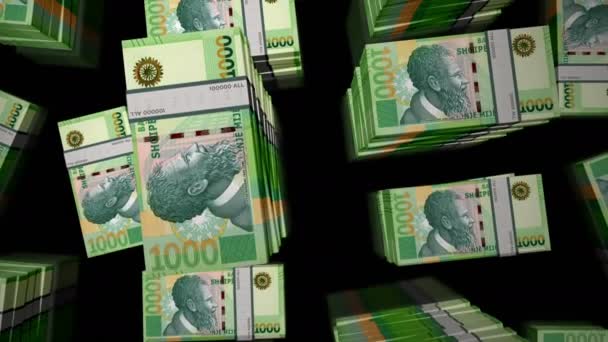 アルバニアのお金アルバニアLekのお金パックループ すべての紙幣の上の飛行は 上の眺めを積み重ねます 3Dループ可能なシームレスなアニメーション ビジネス 金融の概念 — ストック動画