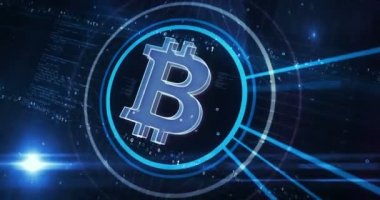 Bitcoin engelleme kripto para birimi ve dijital para sembolü dijital konsept. Siber teknoloji ve bilgisayar ağı arkaplanı soyut 3d canlandırması.