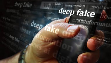 Deep fake hoax false and ai manipulation social media on display. Searching on tablet, pad, phone or smartphone screen in hand. Abstract concept of news titles 3d illustration. clipart