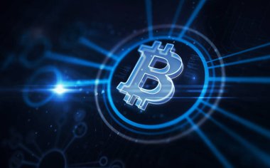 Bitcoin engelleme kripto para birimi ve dijital para sembolü dijital konsept. Ağ, siber teknoloji işareti ve bilgisayar arkaplan soyut 3d resimleme.