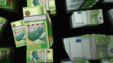 Euro ve Arnavutluk para değişimi. Kağıt banknotlar tomar tomar. Ticaret, ekonomi, rekabet, kriz, bankacılık ve finans kavramı. Döngüsüz 3D canlandırma notaları.