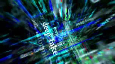 Derin sahte aldatmaca ve ai manipülasyon haber başlıkları medyada. Soyut konsept döngü gösterir. Ekranlar arasında uçma efekti pürüzsüz ve döngülü 3d.