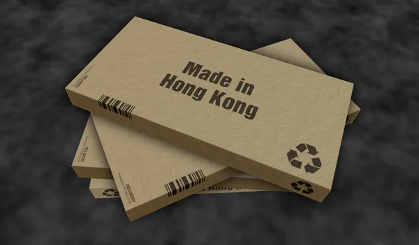 香港のボックス生産ラインで作られました 製造と配送 製品工場 輸入と輸出 アブストラクトコンセプト3Dレンダリングイラスト — ストック写真