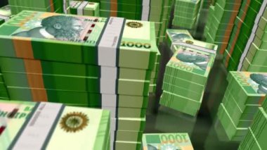 Arnavutluk 'tan Arnavut Lek' in para desteleri döngüsü. 1000 'den fazla 3D uçuş. Tüm banknotlar kuleleri istifliyor. Döngüsüz, soyut iş dünyası, ekonomi krizi ve finans kavramı.