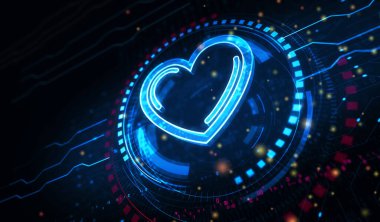 Heart love health ai tech code ve siber flört sembolü dijital konsept. Ağ, siber teknoloji ve bilgisayar arkaplanı soyut 3D resimleme.