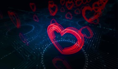 Heart love health ai tech code ve siber flört sembolü dijital konsept. Ağ, siber teknoloji ve bilgisayar arkaplanı soyut 3D resimleme.