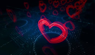 Heart love health ai tech code ve siber flört sembolü dijital konsept. Ağ, siber teknoloji ve bilgisayar arkaplanı soyut 3D resimleme.