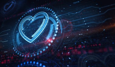 Heart love health ai tech code ve siber flört sembolü dijital konsept. Ağ, siber teknoloji ve bilgisayar arkaplanı soyut 3D resimleme.