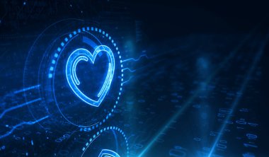Heart love health ai tech code ve siber flört sembolü dijital konsept. Ağ, siber teknoloji ve bilgisayar arkaplanı soyut 3D resimleme.