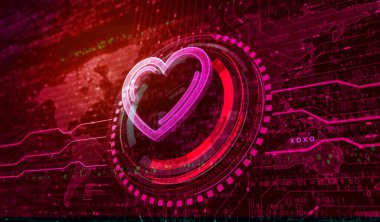 Heart love health ai tech code ve siber flört sembolü dijital konsept. Ağ, siber teknoloji ve bilgisayar arkaplanı soyut 3D resimleme.