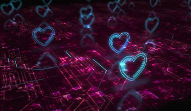 Heart love health ai tech code ve siber flört sembolü dijital konsept. Ağ, siber teknoloji ve bilgisayar arkaplanı soyut 3D resimleme.