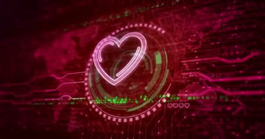 Heart love health ai tech code ve siber flört sembolü soyut dijital konsept. Küresel ağ ve siber teknoloji arkaplanı pürüzsüz ve döngülü 3D animasyon.