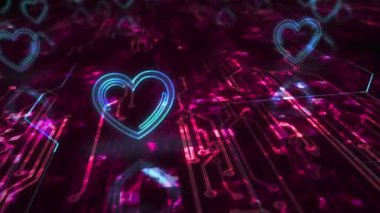 Heart love health ai tech code ve siber flört sembolü soyut siber konsept. Dijital teknoloji ve bilgisayar arkaplanı pürüzsüz ve döngülü 3D animasyon.