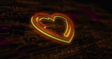 Heart love health ai tech code ve siber flört renkli sembol konsepti. Ağ, siber teknoloji ve bilgisayar arkaplanı soyut 3d canlandırması.