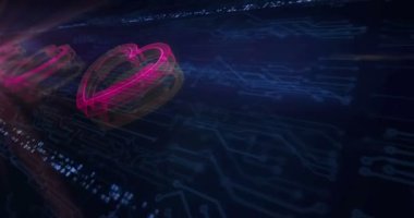 Kalp aşkı sağlık teknolojisi kodu ve sanal randevu sembolü elektronik devre arka planında görünüyor. Ağ, siber teknoloji ve bilgisayar soyut kavramı 3D kusursuz ve döngü animasyonu.