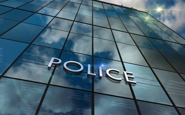 警察署のガラスの建物のコンセプト フロントファサードの警察本部シンボル3Dイラスト — ストック写真
