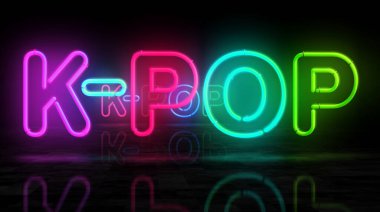 K-Pop Kore neon sembolü. Eğlence popüler Kore müzik etkinliği ampulleri. Soyut konsept 3d illüstrasyon.