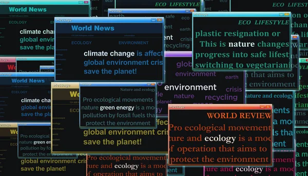 気候変動生態系緑のエネルギー環境自然危機は コンピュータ画面上のウィンドウをポップアップします ソーシャルメディア全体のニュースタイトルの抽象概念3Dイラスト — ストック写真