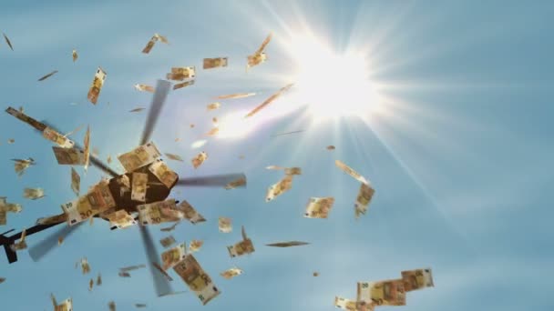 欧元钞票直升机上的钱下降 欧洲联盟50欧元注解通货膨胀 危机和量化宽松的抽象3D概念 — 图库视频影像