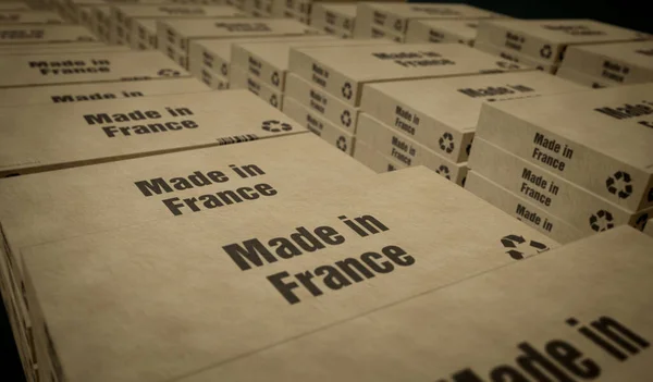 フランスのボックス生産ラインで作られました 製造と配送 製品工場 輸入と輸出 アブストラクトコンセプト3Dレンダリングイラスト — ストック写真