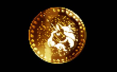 Uniswap Uni şifreleme altın sikkesi retro piksel mozaik 80 'ler tarzında. Dönen altın metal soyut konsept 3D illüstrasyon.