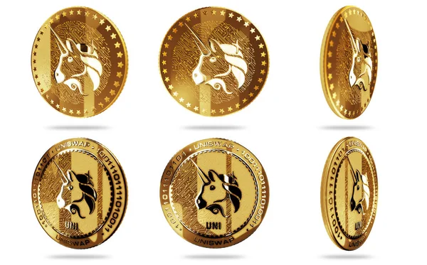 Uniswap Uni Cryptocurrency Απομονωμένο Χρυσό Νόμισμα Πράσινο Φόντο Οθόνη Αφηρημένη — Φωτογραφία Αρχείου