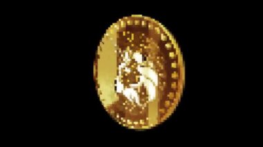 Uniswap Uni şifreleme altın sikkesi retro piksel mozaik 80 'ler tarzında. Dönen altın metal döngüsü soyut kavram. 3B döngü kusursuz döngü.