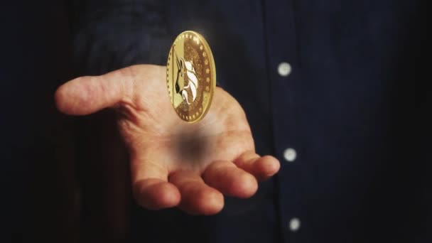 Криптовалюта Uniswap Uni Обертається Навколо Монети Бізнесмен Символом Плаває Над — стокове відео