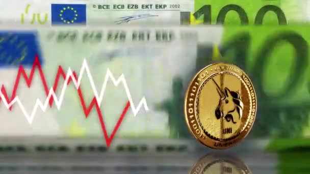 Uniswap Χρυσό Νόμισμα Uni Πάνω Από 100 Τραπεζογραμμάτια Ευρώ Μέτρηση — Αρχείο Βίντεο