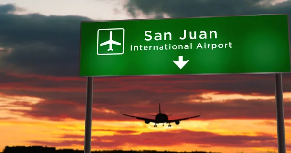 Vliegtuigsilhouet Landt San Juan Puerto Rico Aankomst Stad Met Luchthaven — Stockfoto