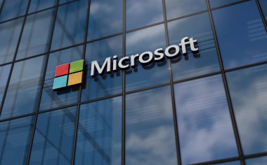 Redmond, ABD, 30 Nisan 2023: Microsoft şirketinin cam bina konsepti. Yazılım ürünleri ve işletim sistemleri prodüktör şirket sembolü ön cephede 3d illüstrasyon.