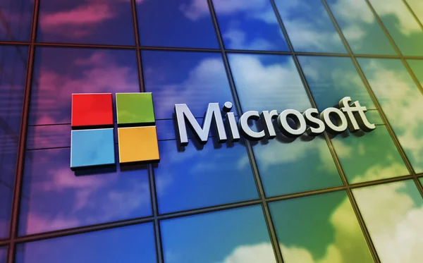 Redmond, ABD, 30 Nisan 2023: Microsoft şirketinin cam bina konsepti. Yazılım ürünleri ve işletim sistemleri prodüktör şirket sembolü ön cephede 3d illüstrasyon.