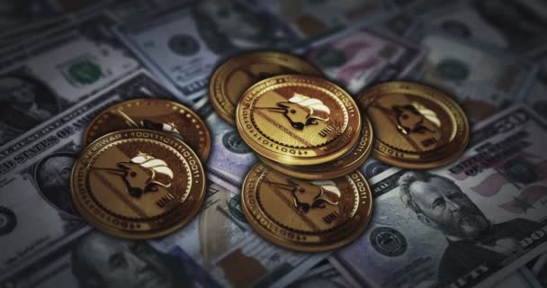 Uniswap Uni Kryptowaluta Złota Moneta Nad Banknotami Dolara Waluta Crypto — Wideo stockowe