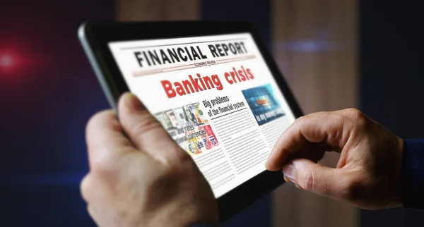 Bankválság Finanszírozás Globális Recesszió Napi Újságolvasás Mobil Táblagépen Man Érintőképernyő — Stock Fotó