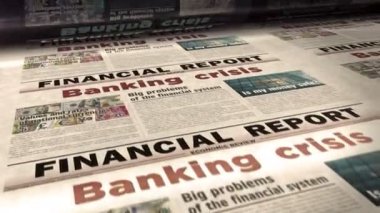 Bankacılık krizi ekonomisi finans ve küresel durgunluk günlük gazete rulosu basımı. Soyut konsept retro başlıklar 3d kusursuz döngülenmiş.