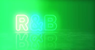 R & B Ritim ve Blues Neon sembolü. Renkli ampuller. Entertainment Rhythm and Blues müzik etkinliği soyut, kusursuz ve döngüsel bir kavram. 3D tünel animasyonunda uçuyor..