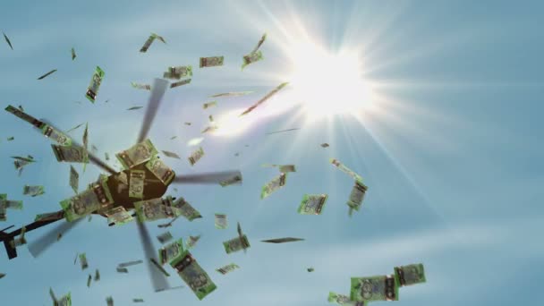 コスタリカコロン銀行券ヘリコプターのお金をドロップします コスタリカCrc 10000ノート抽象的なインフレ お金の印刷 危機と量的緩和の3D概念 — ストック動画