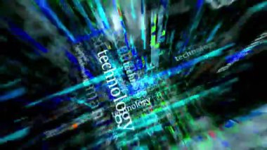 Teknoloji endüstrisi ve yapay zeka haberleri medyada yer alıyor. Soyut konsept döngü gösterir. Ekranlar arasında uçma efekti pürüzsüz ve döngülü 3d.