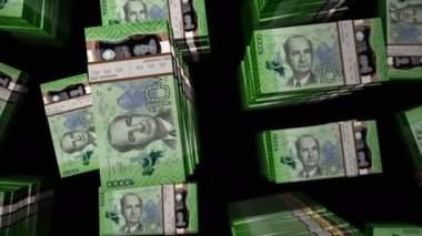 Kosta Rika parası Kosta Rika Kolon para paketi döngüsü. CRC banknotları üzerinde uçuş üst görünümü destekler. Üç boyutlu, kusursuz bir animasyon. Ekonomi, kriz, iş ve finans konsepti.