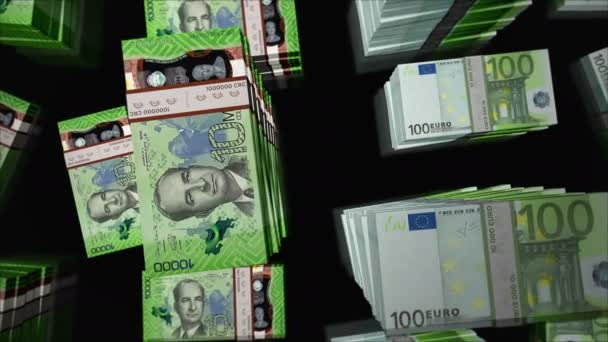 欧元和哥斯达黎加科隆货币兑换所 纸钞包扎 银行和金融的概念 易损坏无缝3D动画 — 图库视频影像