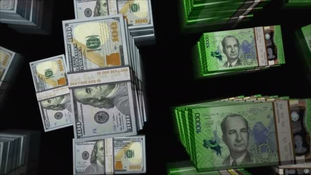 美元和哥斯达黎加科朗货币兑换 钞票包扎 银行和金融的概念 易漏洞无缝D — 图库视频影像