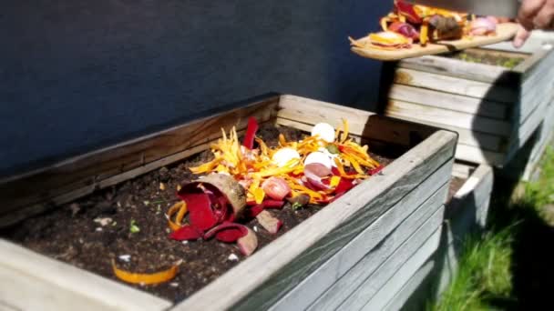 有機廃棄物から堆肥を作る 男は生分解のためのキッチン野菜の果物や卵の殻廃棄物をスローします 家庭の裏庭での食品リサイクルと持続可能な生活 — ストック動画