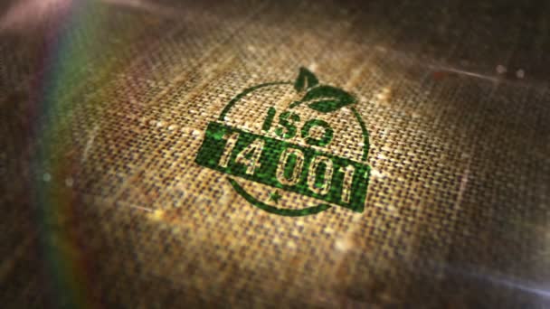 Iso 14001 Πιστοποιημένη Σφραγίδα Πινακίδας Φυσικό Λινό Σάκο Περιβαλλοντική Οικολογία — Αρχείο Βίντεο