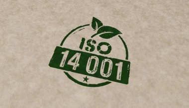 ISO 14001 onaylı birkaç renkli pul simgeleri. Çevre ekolojisi standart sertifika kavramı 3 boyutlu çizim.